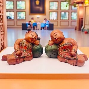 Vtg Asian Wood Hand Carved Sleeping Children Figurines Good Luck Symbol Thailand